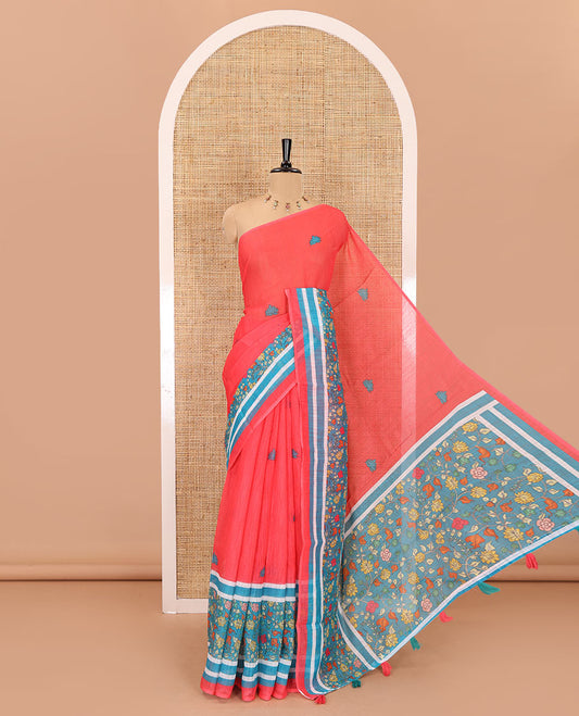 Pink floral motifs printed linen cotton saree with contrast kalamkari floral vine printed border, floral vine printed pallu, and a plain blouse