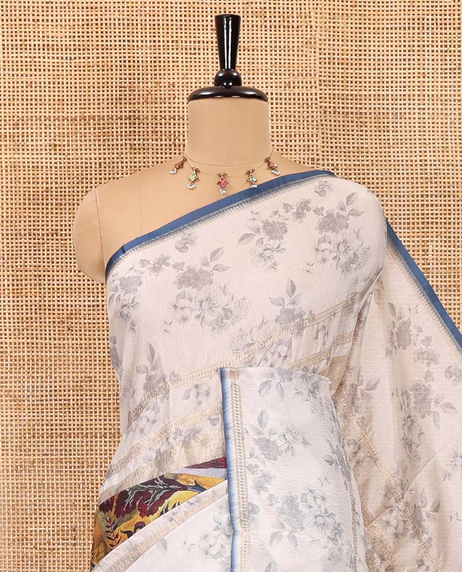 Grey floral, and bird motifs printed Moss crush saree, piping border, floral-bird printed pallu, and contrast printed blouse