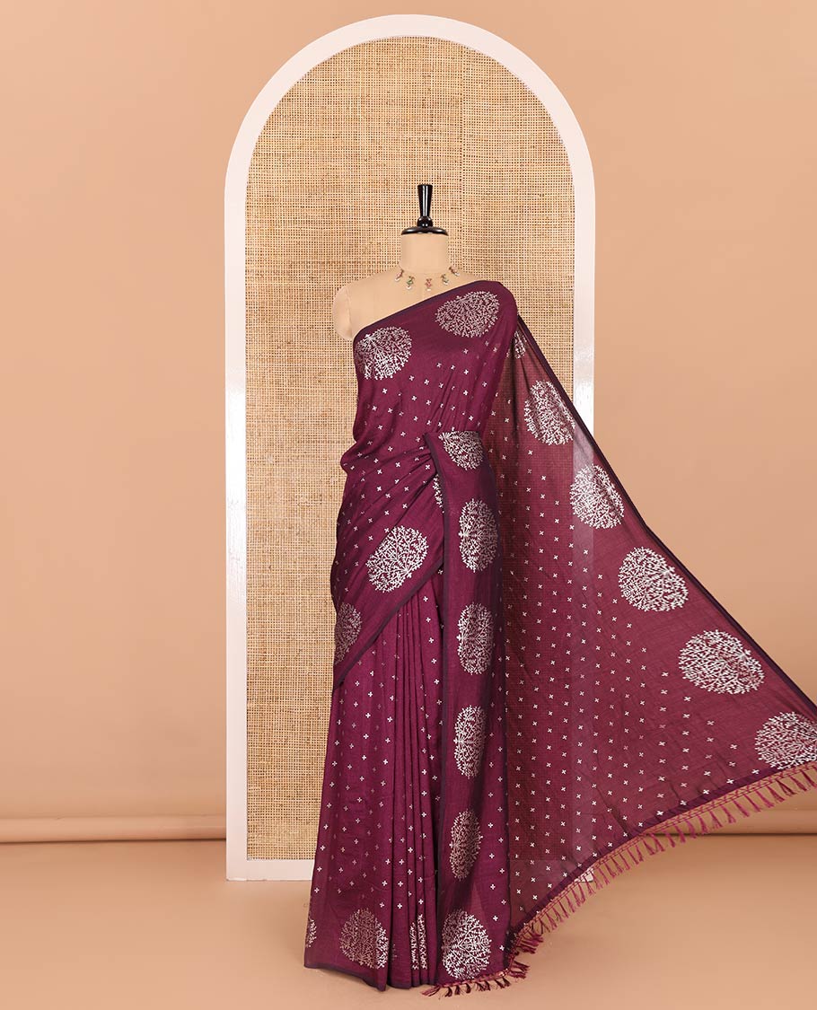 Wine plus buttas woven Vichitra silk saree, kalpavriksha tree motifs woven on its border, self-pallu, and no blouse