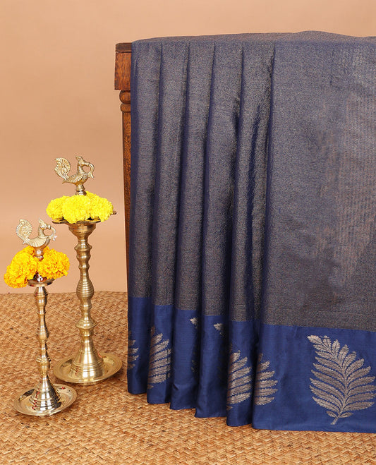 Navy blue gold zari lines banarasi cotton saree with gold zari leaf designb order & cheer pallu along with striped blouse