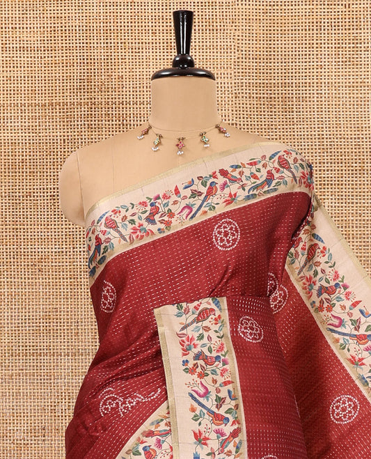 Rust zari buttas and bandhani dotted fancy tussar saree, contrast floral and bird printed border, striped pallu, and a matching blouse