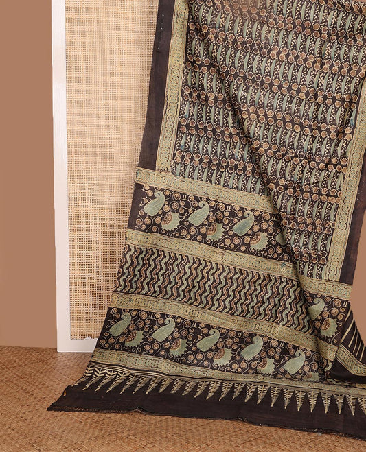 Brown floral & geometric printed silk saree, plain border & self-pallu of floral-leaf vine & chevron print