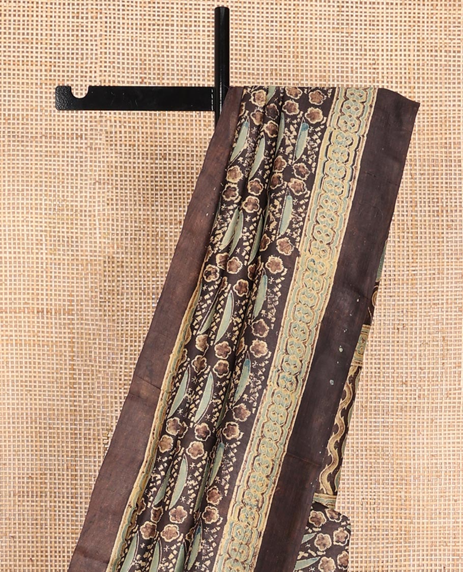 Brown floral & geometric printed silk saree, plain border & self-pallu of floral-leaf vine & chevron print