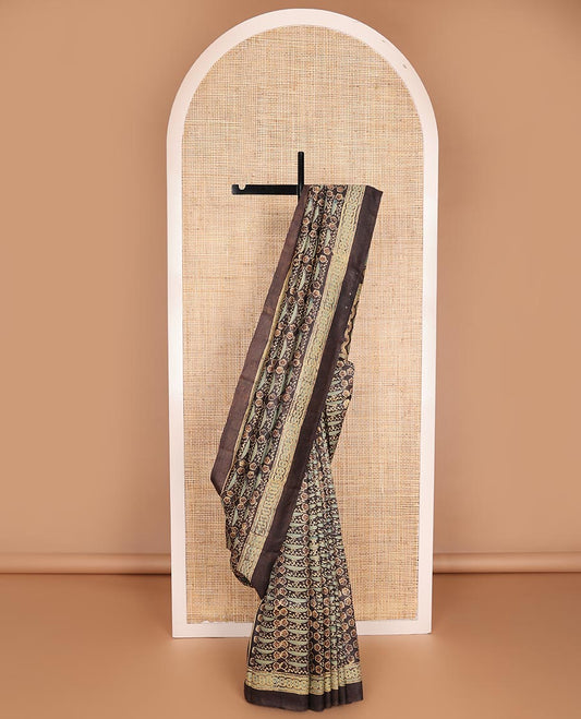 Brown floral & geometric printed silk saree, plain border & self-pallu of floral-leaf vine & chevron print