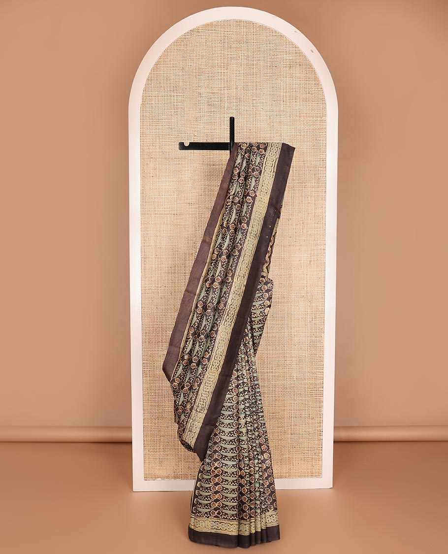 Brown floral & geometric printed silk saree, plain border & self-pallu of floral-leaf vine & chevron print