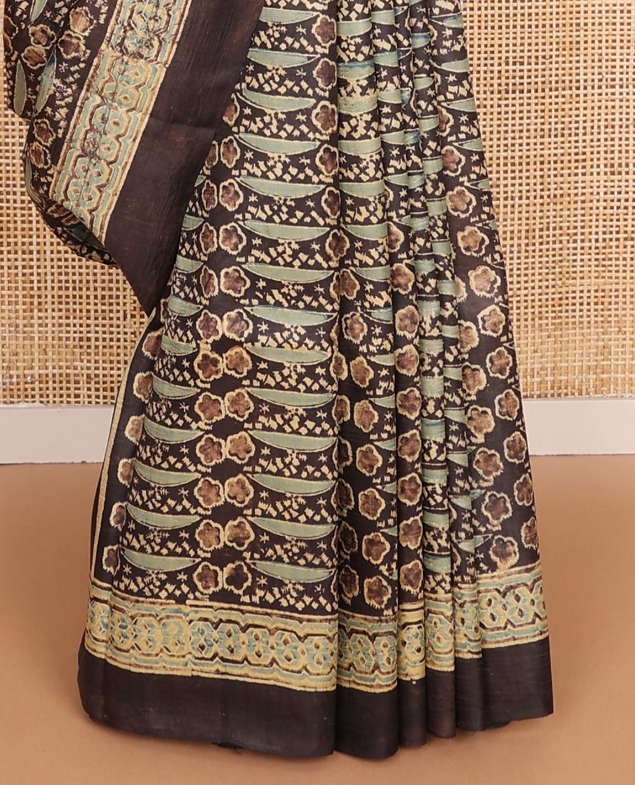 Brown floral & geometric printed silk saree, plain border & self-pallu of floral-leaf vine & chevron print