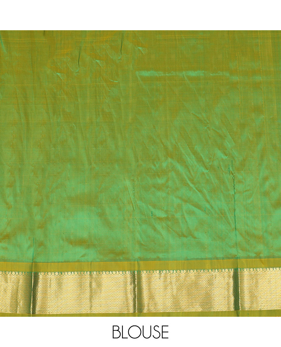 Blue zari design pure-silk half-saree with contrast border of jaal designs, contrast zari bordered blouse, and a jaal dhavani