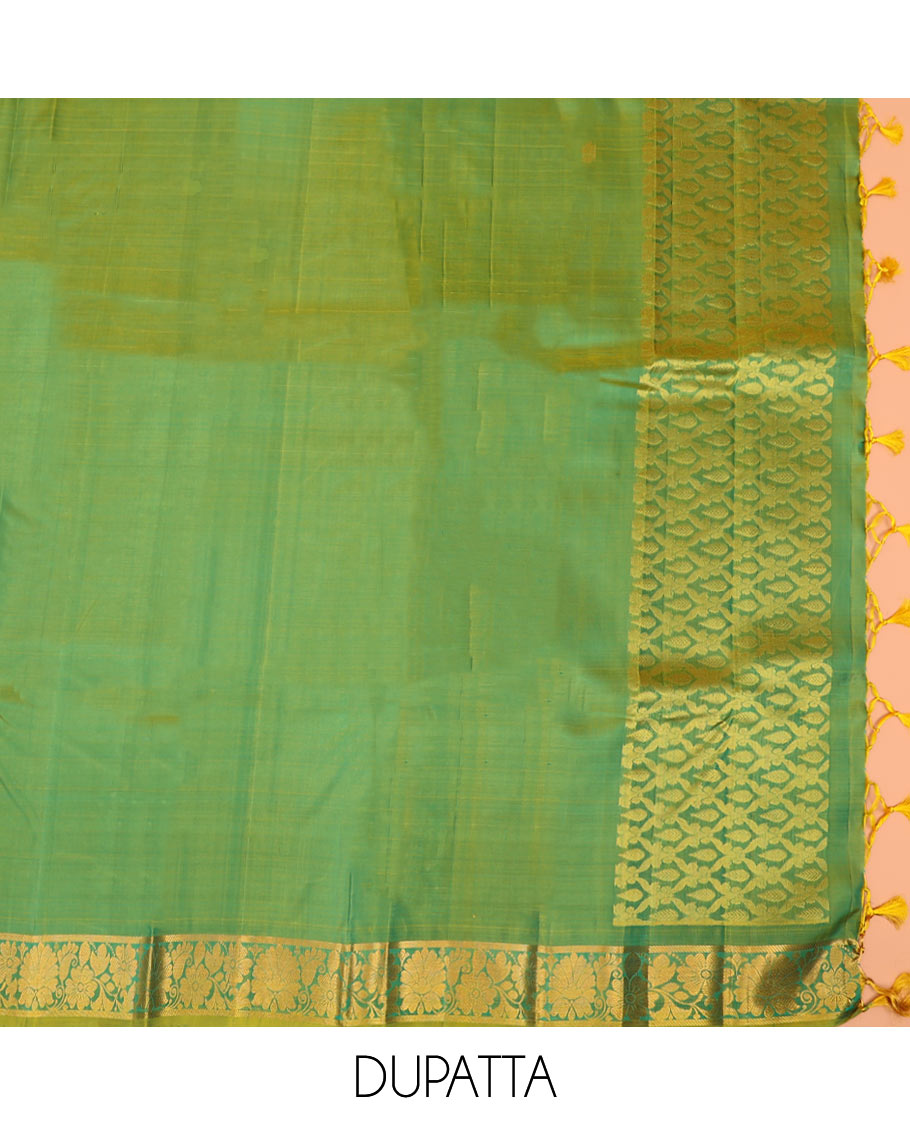 Blue zari design pure-silk half-saree with contrast border of jaal designs, contrast zari bordered blouse, and a jaal dhavani