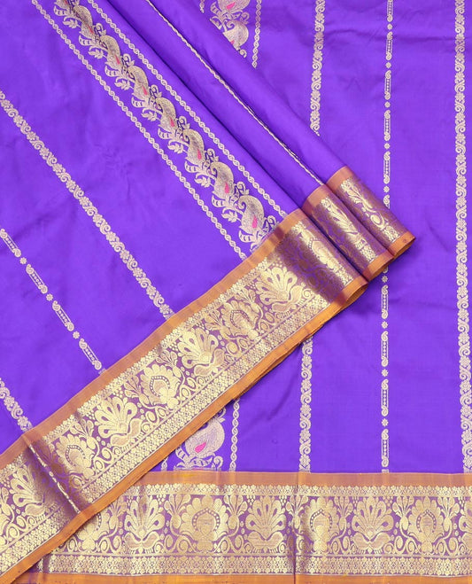 Blue Pure Silk Half-Saree, Decorated with Zari Designs on Its Body, Complemented by a Contrast Floral Design Border, Complemented by a Contrast Blouse, and Paired with a Contrast Dhavani of Annam Chakram Designs