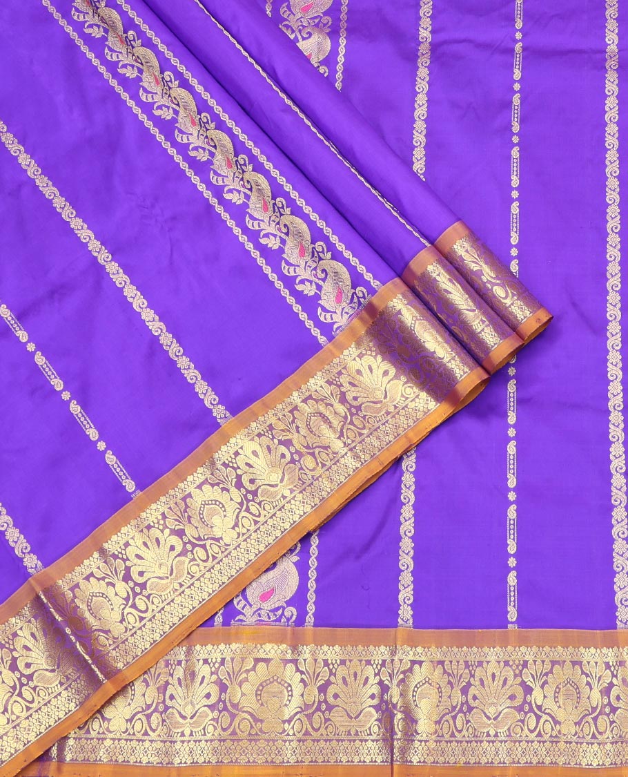 Blue Pure Silk Half-Saree, Decorated with Zari Designs on Its Body, Complemented by a Contrast Floral Design Border, Complemented by a Contrast Blouse, and Paired with a Contrast Dhavani of Annam Chakram Designs