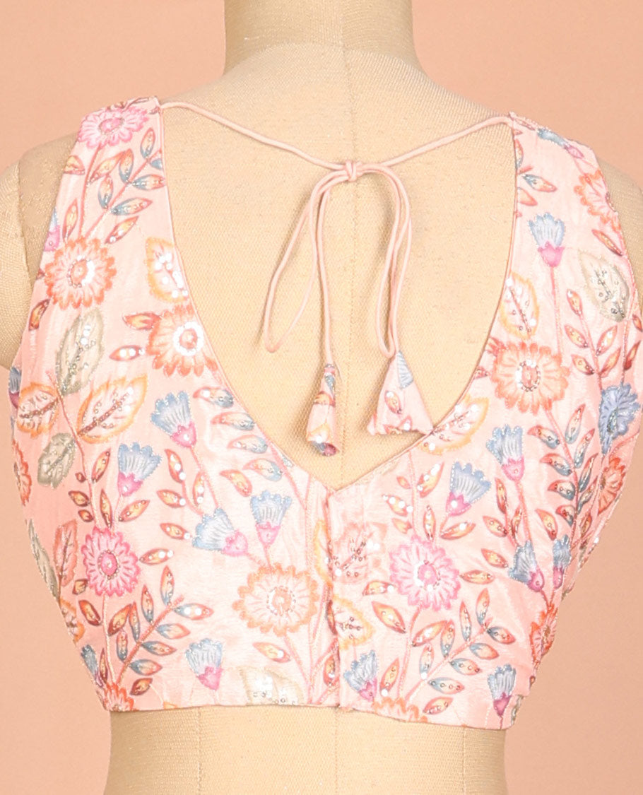 Peach colorful floral vine printed & embroidered front and back leaf-neck sleeveless readymade blouse