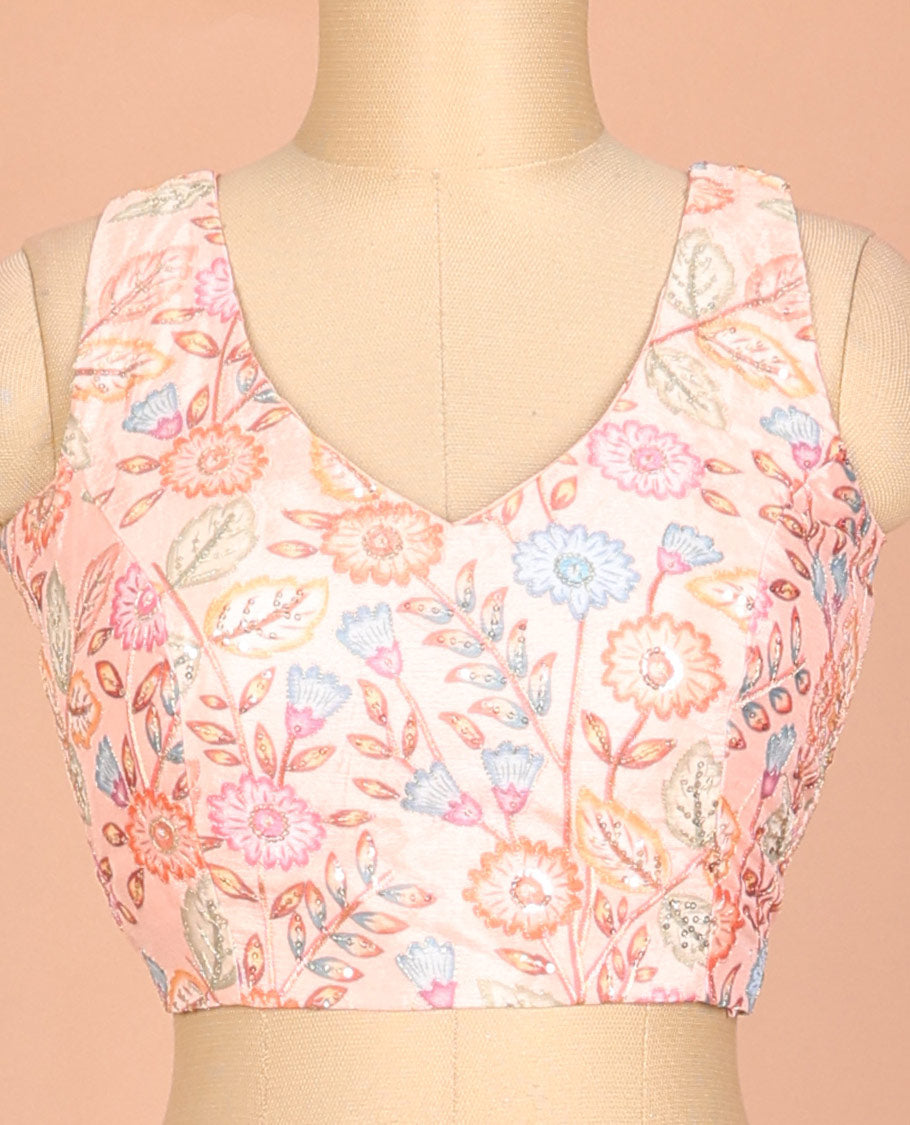 Peach colorful floral vine printed & embroidered front and back leaf-neck sleeveless readymade blouse