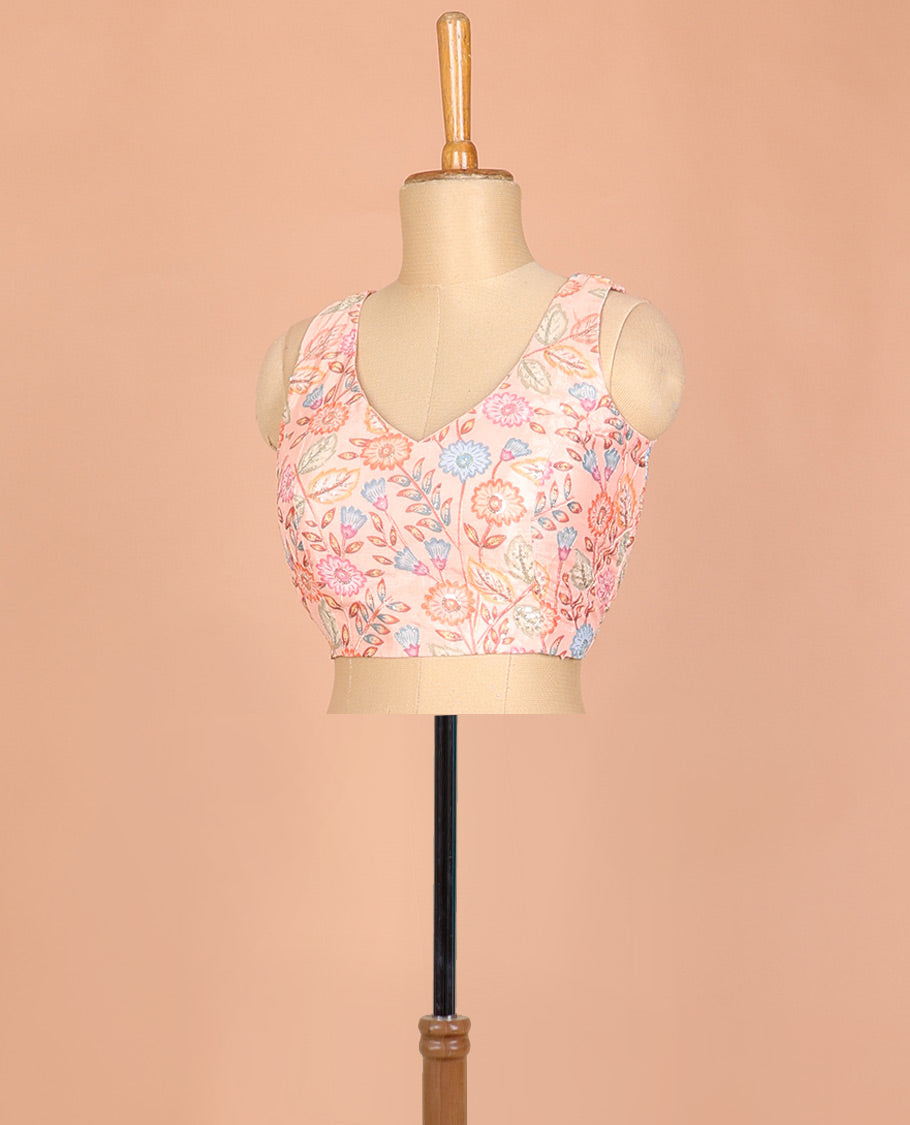 Peach colorful floral vine printed & embroidered front and back leaf-neck sleeveless readymade blouse
