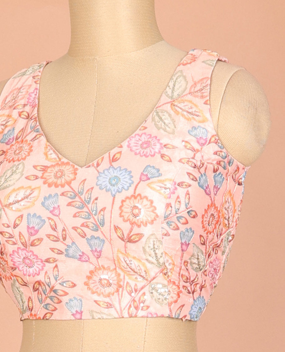 Peach colorful floral vine printed & embroidered front and back leaf-neck sleeveless readymade blouse