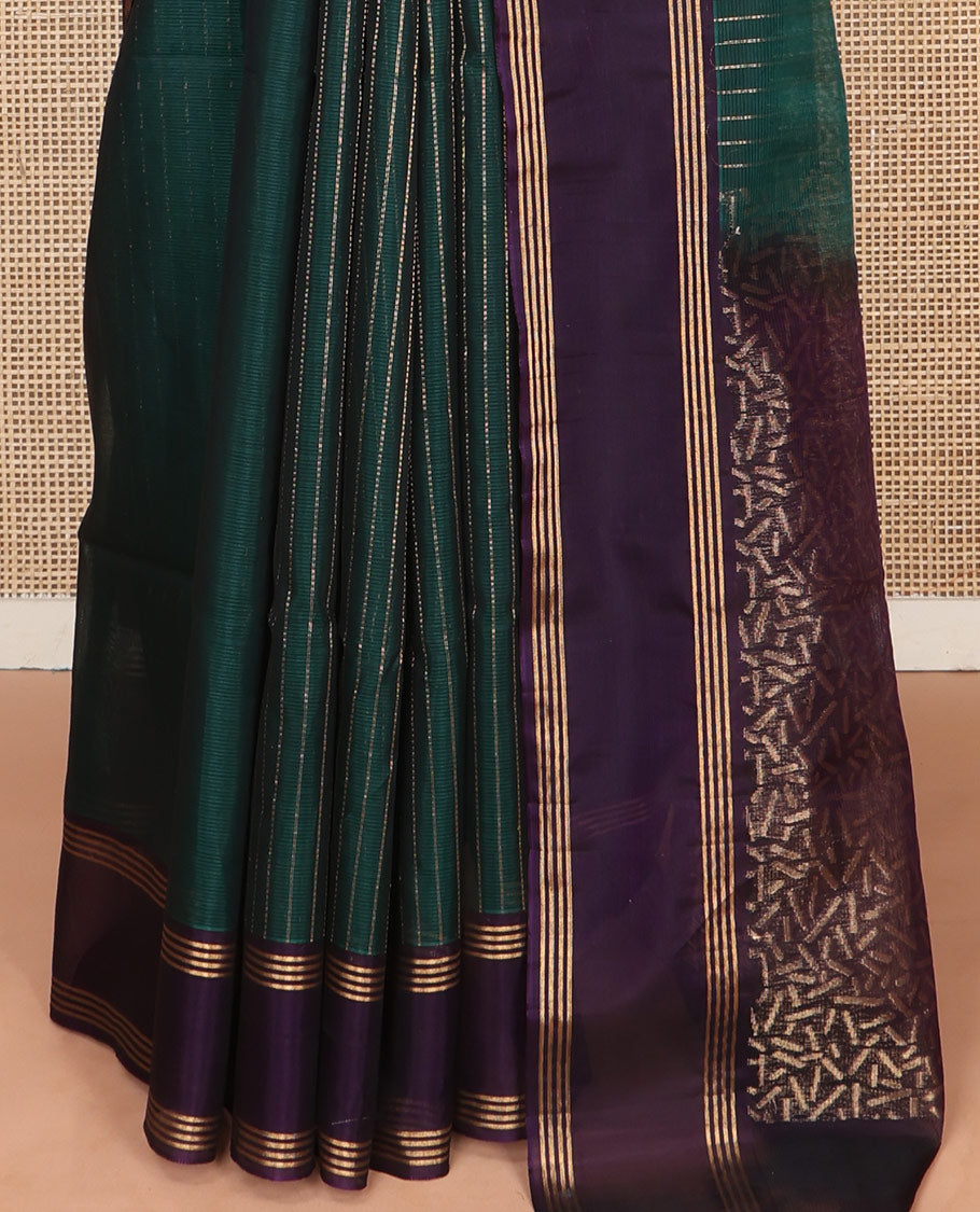 Green Dotted Striped Silk Cotton Saree, Complemented by a Contrast Zari Buttas Border, Intricately Designed Pallu, and a Contrast Blouse