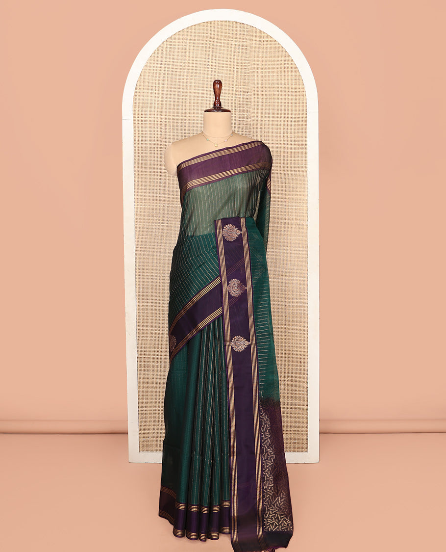 Green Dotted Striped Silk Cotton Saree, Complemented by a Contrast Zari Buttas Border, Intricately Designed Pallu, and a Contrast Blouse
