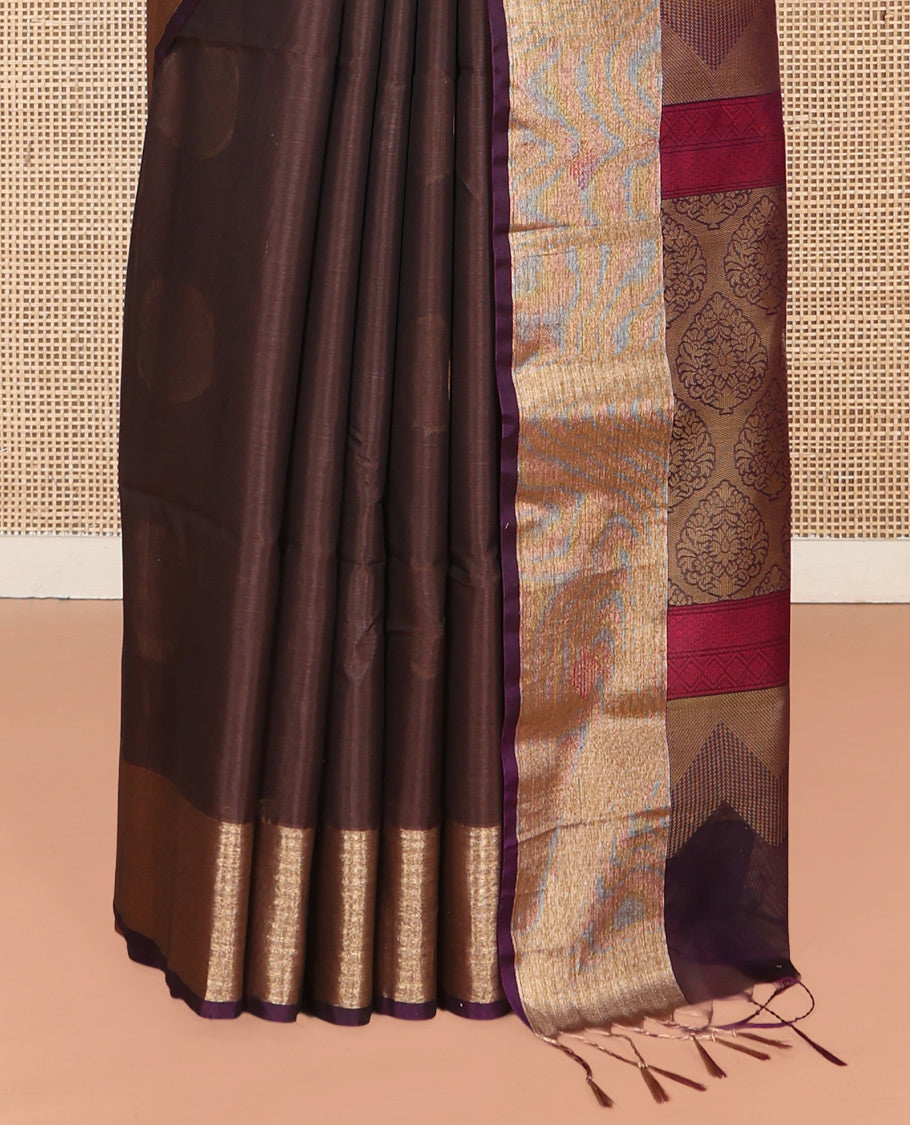 Brown Silk Cotton Saree, Spotlighted with Round Buttas All Over Its Body, Complemented by Contrast Border, Sparsely Woven Pallu, and Paired with a Contrast Blouse