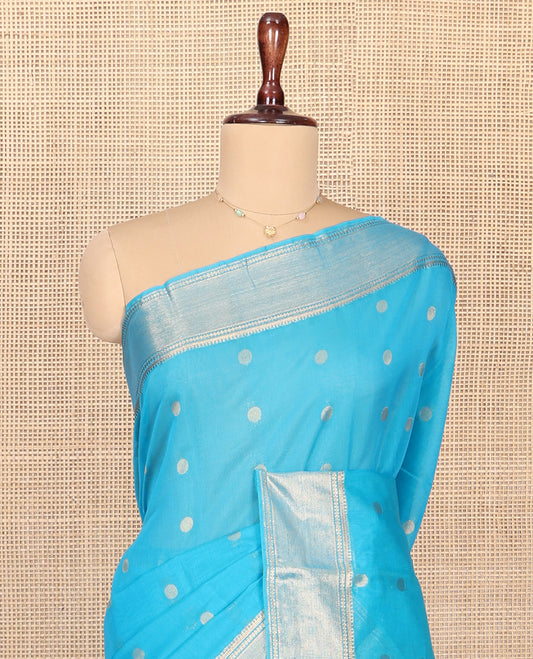 Blue Silk Cotton Saree, Adorned with Zari Buttas All Over Its Body, Highlighted by Zari Border, Diagonally Woven Pallu and Paired with a Matching Blouse