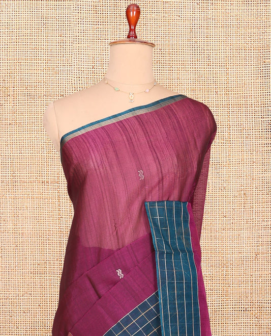 Purple Silk Cotton Saree, Finely Crafted with Buttas, Contrast Checked Border, Floral Motifs Woven Pallu, and a Contrast Blouse