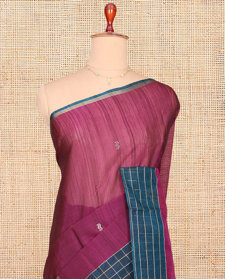 Purple Silk Cotton Saree, Finely Crafted with Buttas, Contrast Checked Border, Floral Motifs Woven Pallu, and a Contrast Blouse