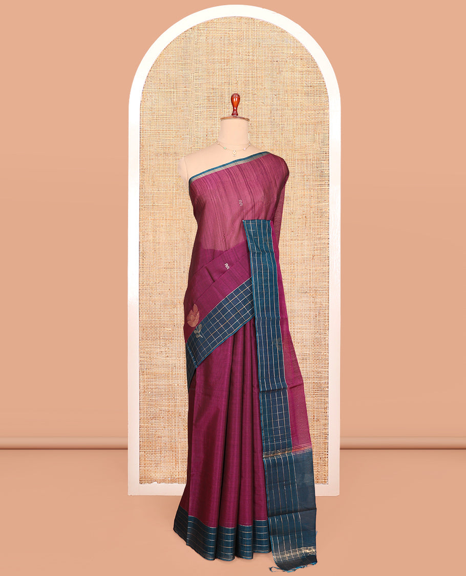 Purple Silk Cotton Saree, Finely Crafted with Buttas, Contrast Checked Border, Floral Motifs Woven Pallu, and a Contrast Blouse