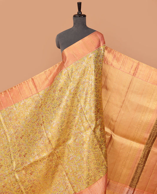 Yellow floral meenakari jacquard silk saree, contrast border of thilakam mokku,rudraksham,banaras,mayil kann & floral vine & jaal pallu
