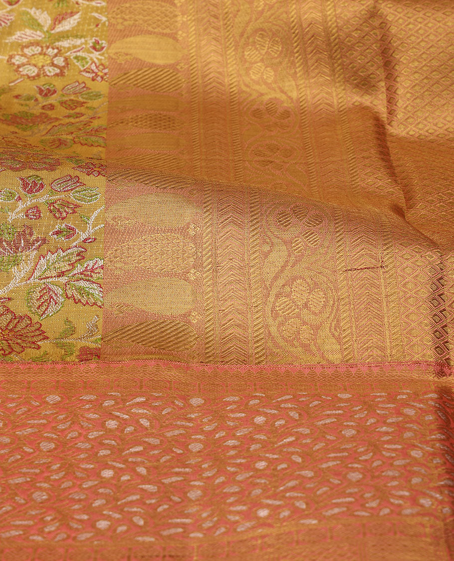 Yellow floral meenakari jacquard silk saree, contrast border of thilakam mokku,rudraksham,banaras,mayil kann & floral vine & jaal pallu