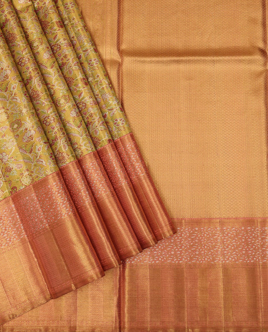 Yellow floral meenakari jacquard silk saree, contrast border of thilakam mokku,rudraksham,banaras,mayil kann & floral vine & jaal pallu