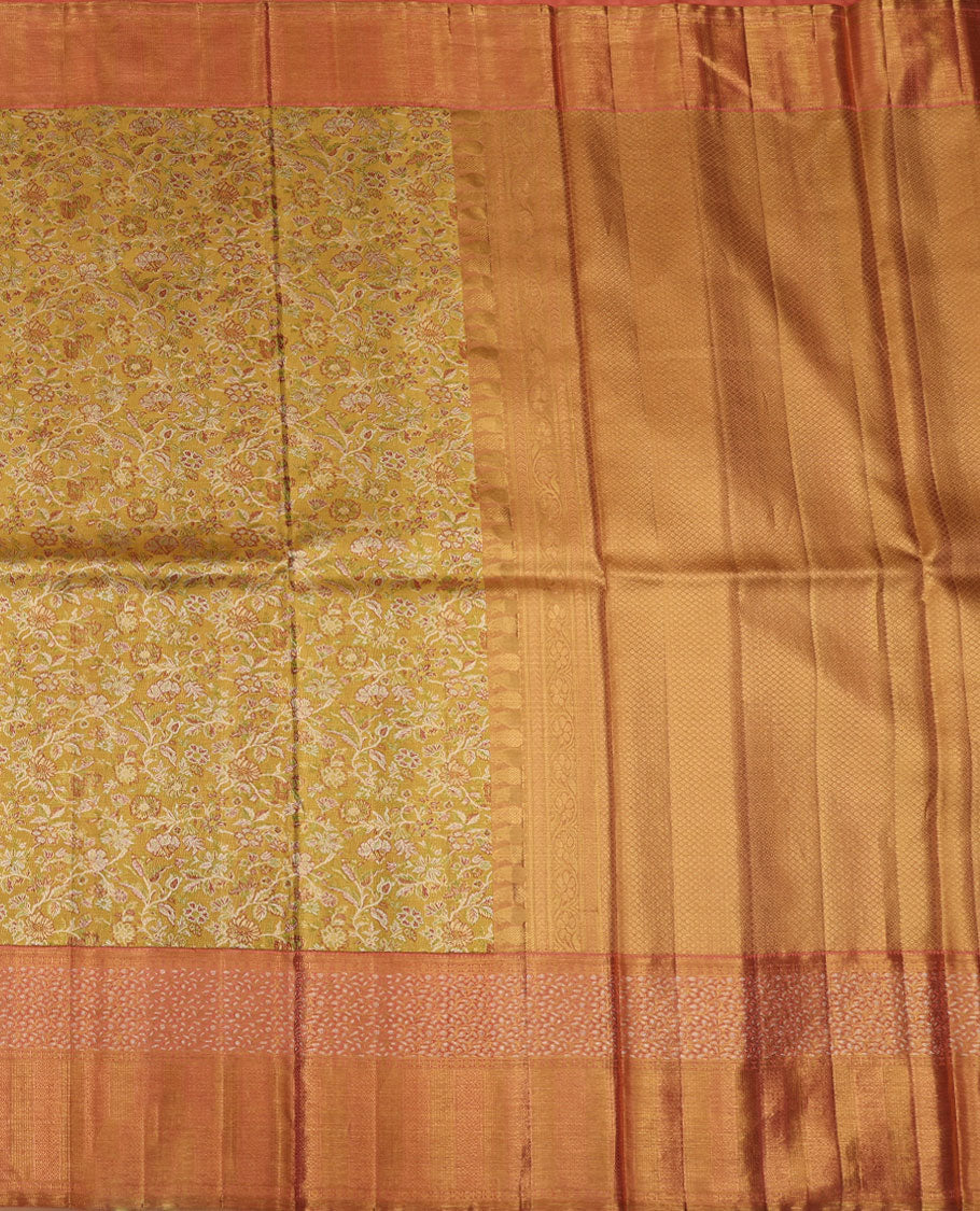 Yellow floral meenakari jacquard silk saree, contrast border of thilakam mokku,rudraksham,banaras,mayil kann & floral vine & jaal pallu
