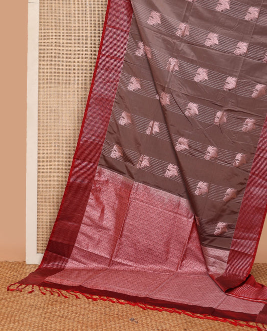 Brown semi-soft silk saree with zari stripes & leaf design, contrast zari checked border & ogee patterned pallu