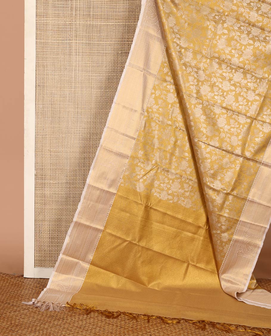 Gold floral jaal jacquard saree, contrast traditional zari design border, and jaal pallu