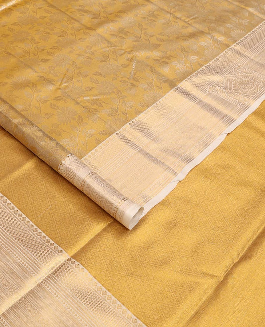 Gold floral jaal jacquard saree, contrast traditional zari design border, and jaal pallu