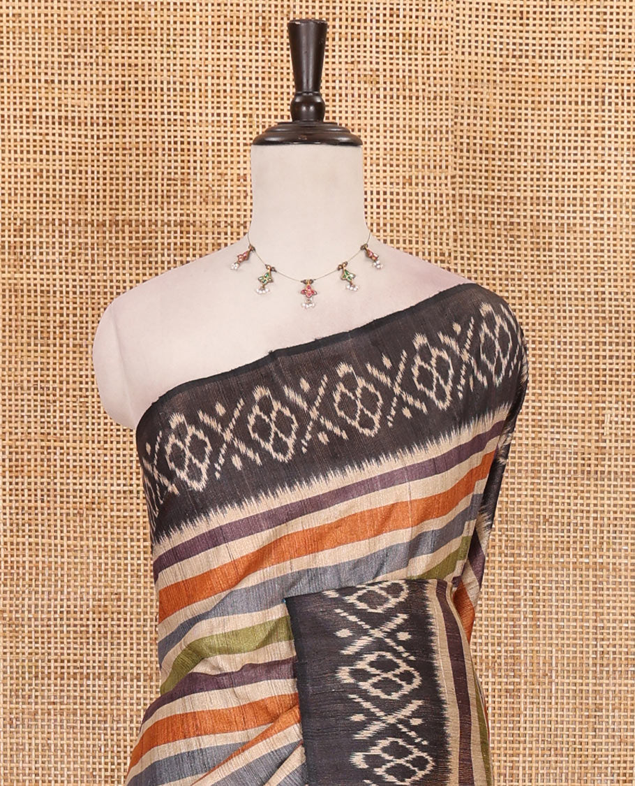 Multi-color striped tussar silk saree, contrast ikkat design border, and striped pallu