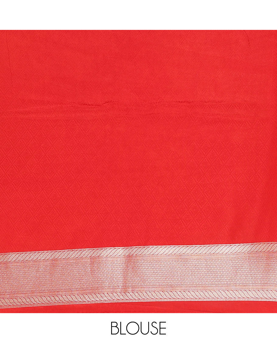 Red mushru silk saree with swan zari buttas, traditional zari design border & pallu of jaal design