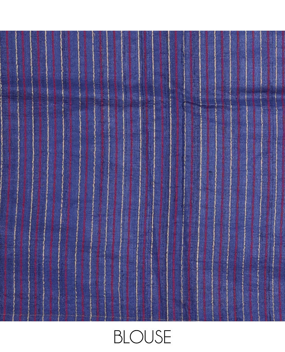 Borderless blue resham thread woven geometric motifs tussar silk saree with striped pallu