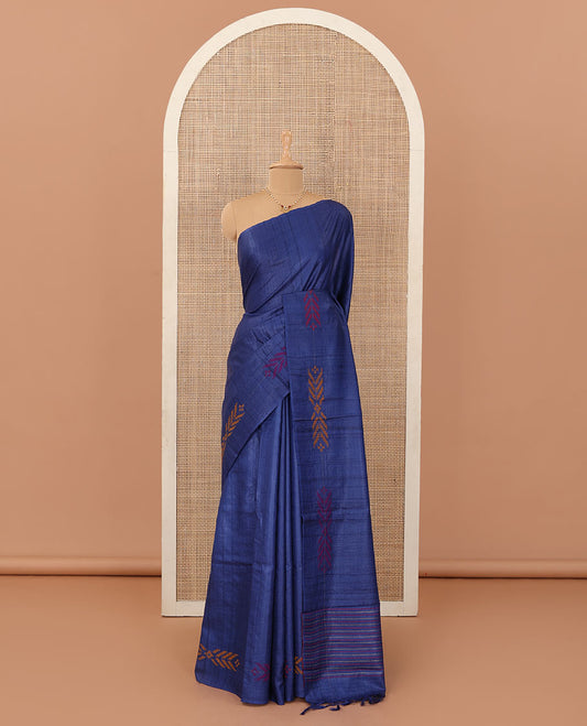 Borderless blue resham thread woven geometric motifs tussar silk saree with striped pallu