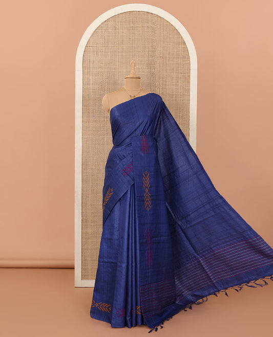 Borderless blue resham thread woven geometric motifs tussar silk saree with striped pallu