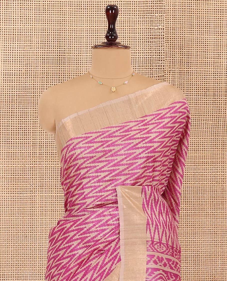 Pink Tussar Silk Saree Enthralled with Ikkat-Style Chevron Stripes Printed All Over Its Body, Complemented by Contrast Border, Pallu Printed with Ikkat Designs, and Paired with a Contrast Blouse