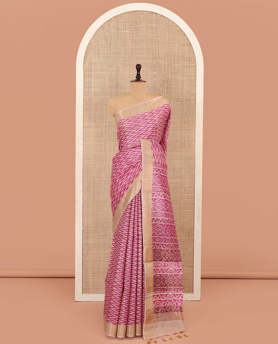 Pink Tussar Silk Saree Enthralled with Ikkat-Style Chevron Stripes Printed All Over Its Body, Complemented by Contrast Border, Pallu Printed with Ikkat Designs, and Paired with a Contrast Blouse