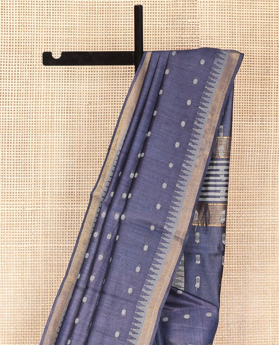 Grey Tussar Saree, Adorned with Rudraksha Motifs, a Subtle Temple Zari Border, Pallu of Stripes and Buttas, and a Matching Blouse