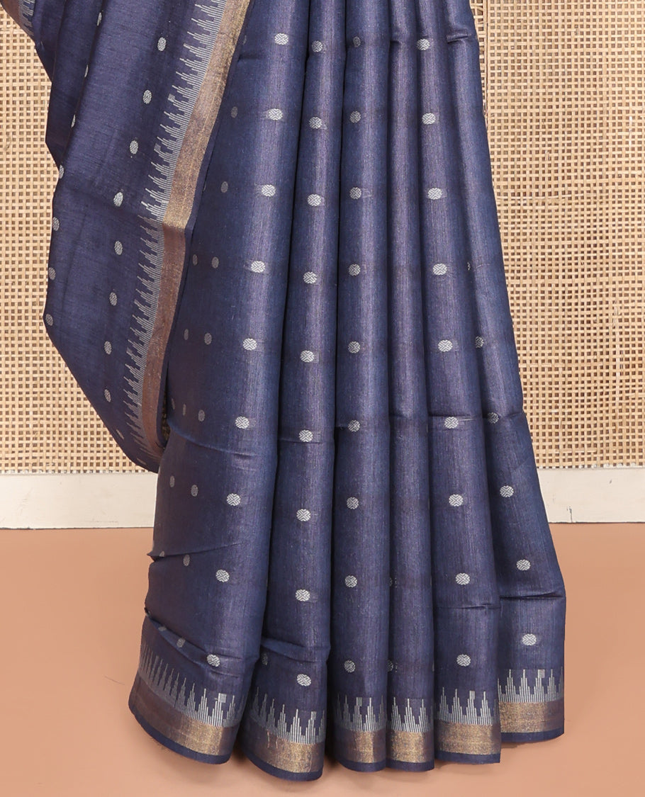Grey Tussar Saree, Adorned with Rudraksha Motifs, a Subtle Temple Zari Border, Pallu of Stripes and Buttas, and a Matching Blouse