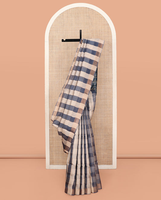 Borderless Multi-Color Checked Tussar Silk Saree, Complemented by a Contrast Animal Motifs Printed Pallu and a Contrast Blouse
