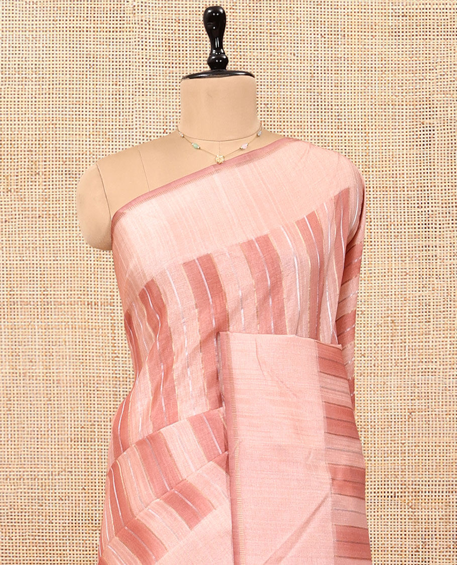 Pale Pink Fancy Tussar Saree, Graced with Stripes, a Subtle Plain Border, Plain Pallu, and a Matching Blouse