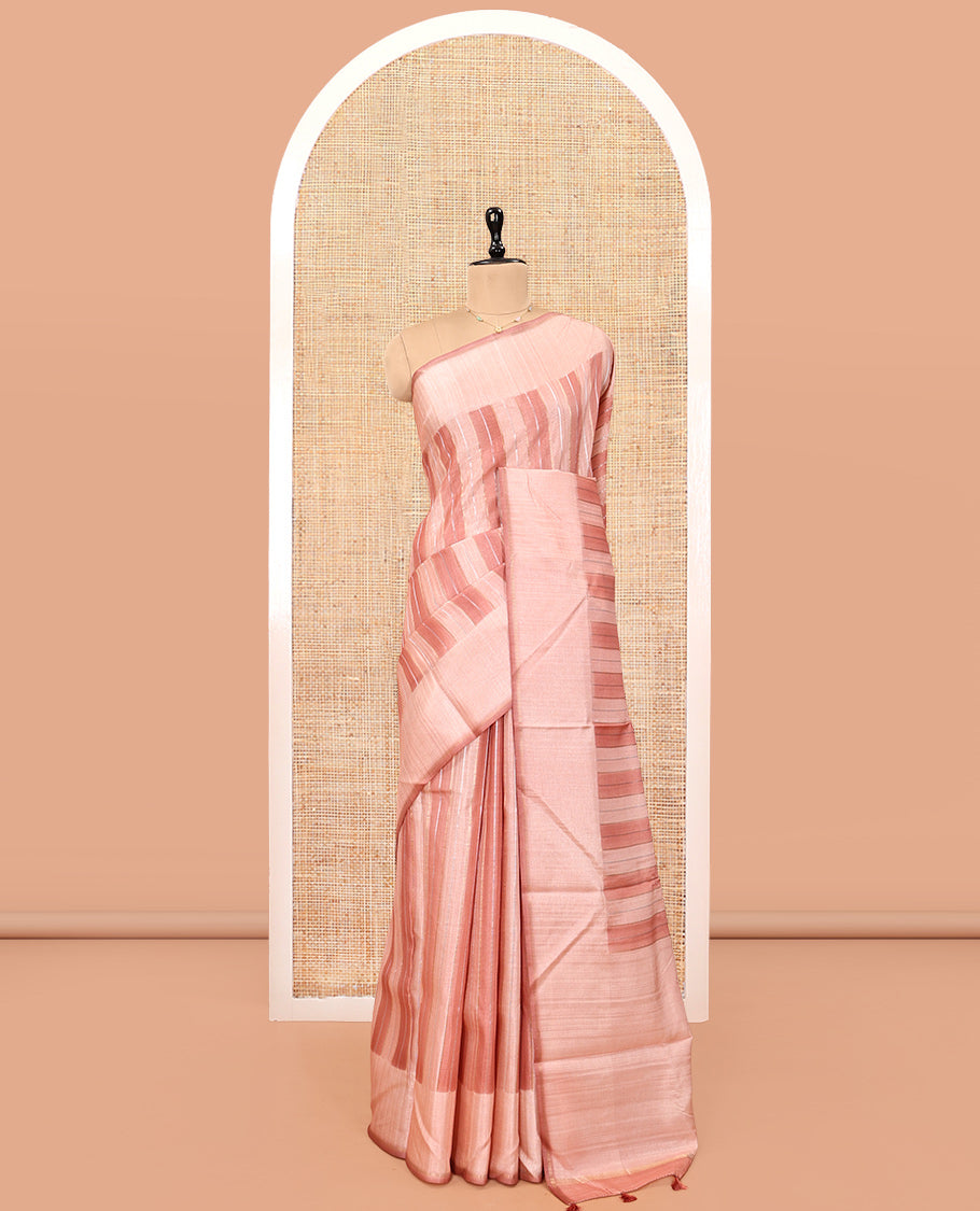 Pale Pink Fancy Tussar Saree, Graced with Stripes, a Subtle Plain Border, Plain Pallu, and a Matching Blouse