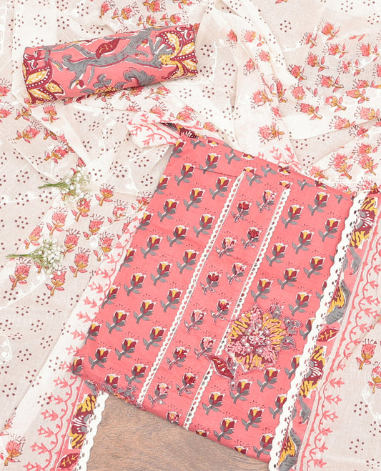 Peach Cotton Material Churidar Set, Elevated with Floral Print and Embroidery Top, Floral Bottom, and a Printed Dupatta