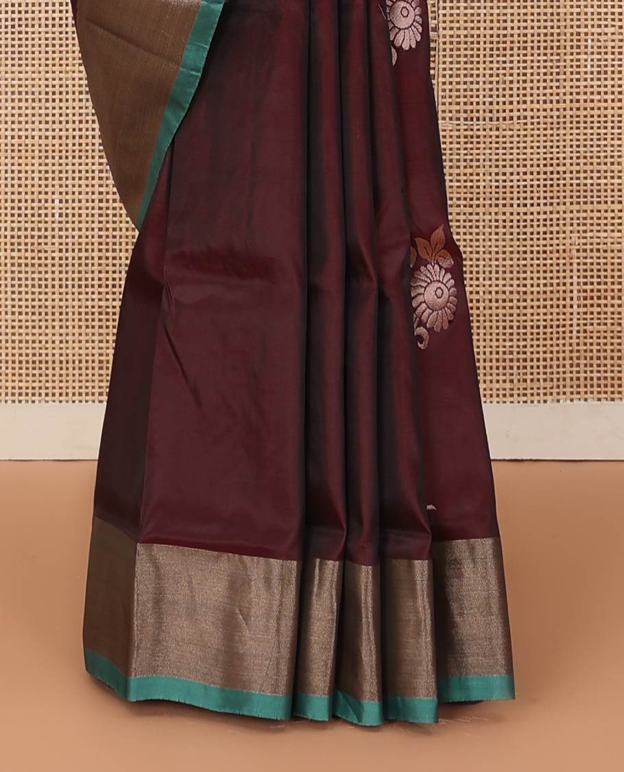 Maroon zari buttas Uppada saree, contrast bavanji border, and jaal design pallu