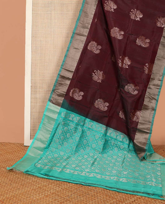 Maroon zari buttas Uppada saree, contrast bavanji border, and jaal design pallu