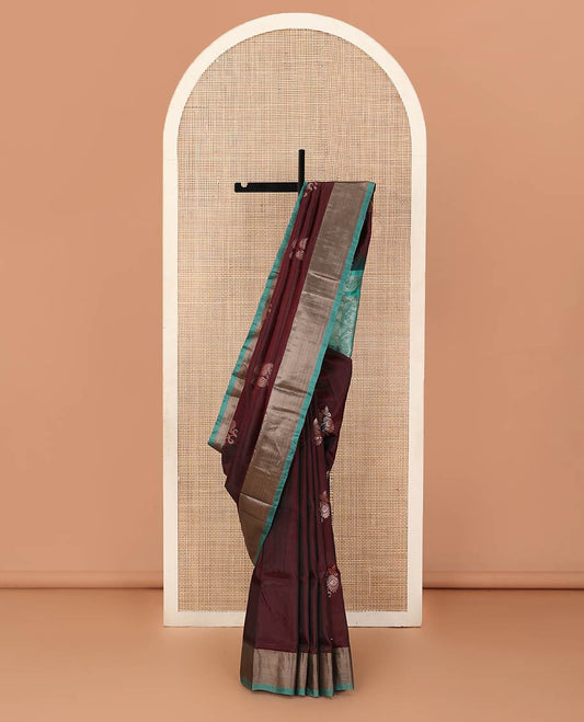 Maroon zari buttas Uppada saree, contrast bavanji border, and jaal design pallu