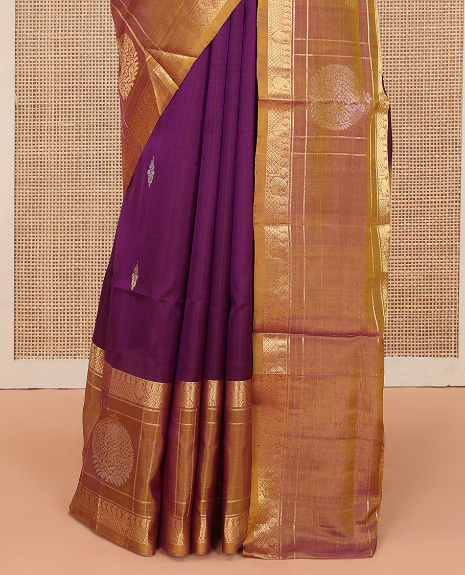 Purple Uppada Silk Saree Embellished with Zari Buttas, Complemented by a Contrast Traditional Zari Border of Zari Designs, Contrast Pallu of Floral and Paisley Designs, and Paired with a Contrast Blouse