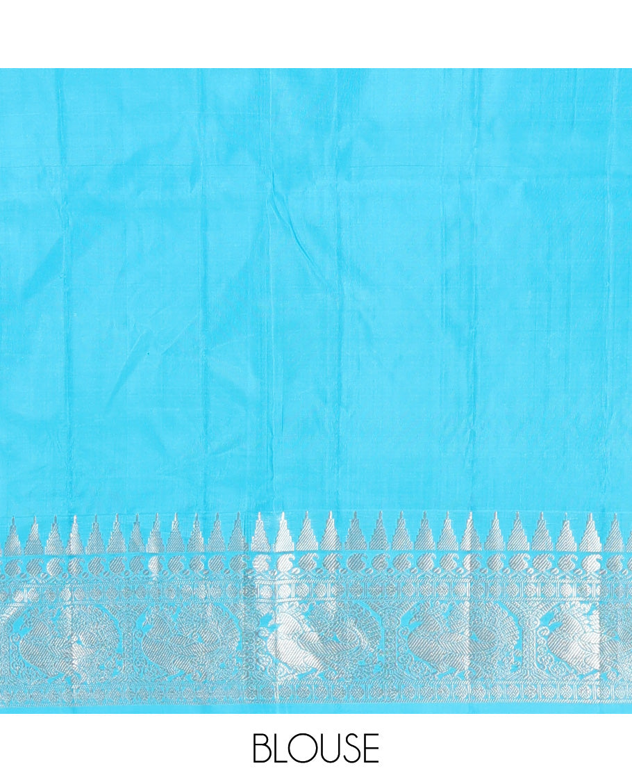 Aqua green dual-tone zari buttas Venkatagiri silk saree, contrast traditional zari rettai pettu border of peacock designs, and pallu of chakra, and rudraksham